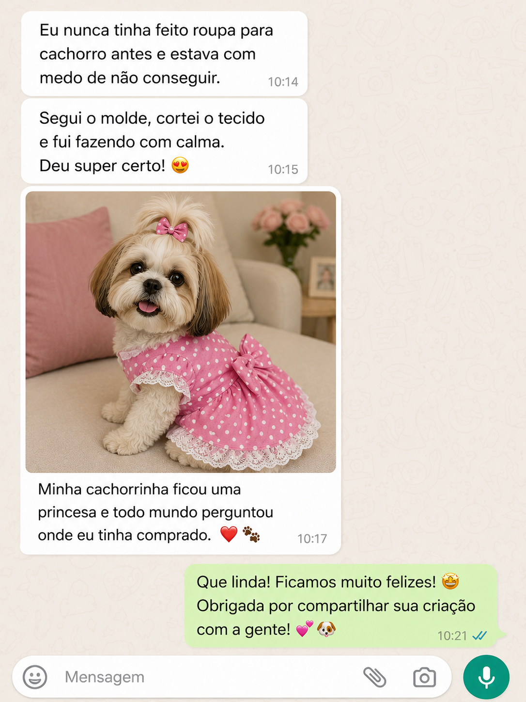 Conversa de cliente que fez sua primeira roupa para cachorro e compartilhou o resultado