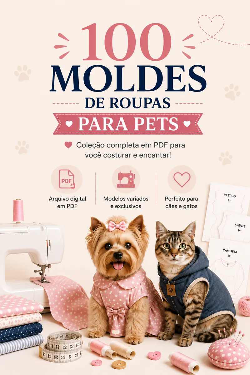 Cachorro e gato vestidos com roupinhas feitas a partir dos moldes do pack, ao lado de tecidos, linhas e folhas de molde para imprimir